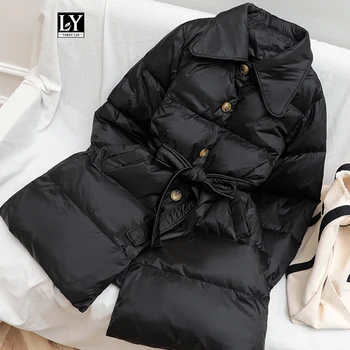 

Ly Varey Lin Winter Loose Down Jacket Women Single Breasted Sash Tie Up White Duck Down Parka Female Thick Warm Bread Overcoat
