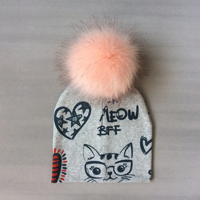 Kids Girls Hats Cat Printing Cotton Pompom Hat For Girls Winter Children Caps Faux Fur Baby Hat Bonnet Kids Girls Hats Cat Printing Cotton Pompom Hat For Girls Winter Children Caps Faux Fur Baby Hat Bonnet