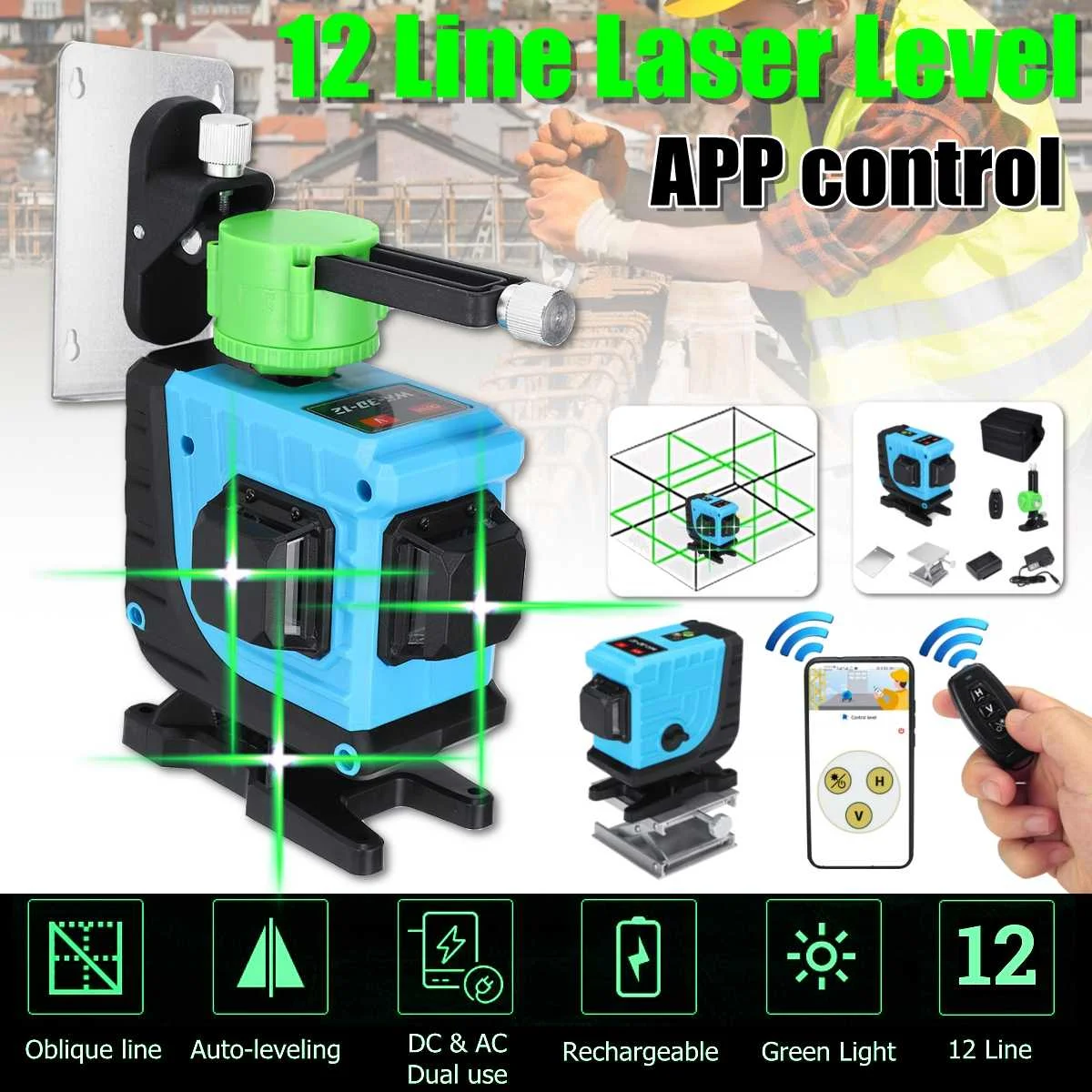 Laser Level 12 line 3D Green Light Laser Level Horizontal & Cross Self Leveling Measure Tool+Remote control, support APP control
Laser Level 12 line 3D Green Light Laser Level Horizontal & Cross Self Leveling Measure Tool+Remote control, support APP control