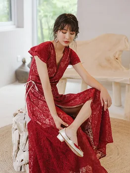 Bohemian Red Lace Dress Women Summer Dress Sweet Open Back Lace Seaside Vacation Long Dress Maxi Dress Party Dress Dress Elegant 
Bohemian Red Lace Dress Women Summer Dress Sweet Open Back Lace Seaside Vacation Long Dress Maxi Dress Party Dress Dress Elegant