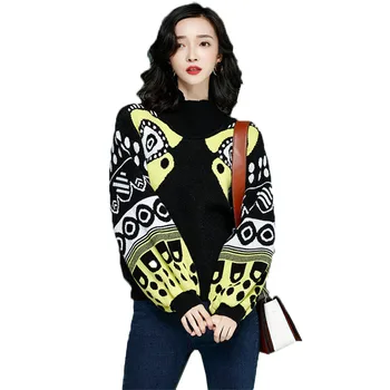 2019 Elegant Sweater Female Spring Autumn New Fashion Sweater Half-high Collar Printed Lantern Sleeve Stitching Pullover Top 
2019 Elegant Sweater Female Spring Autumn New Fashion Sweater Half-high Collar Printed Lantern Sleeve Stitching Pullover Top