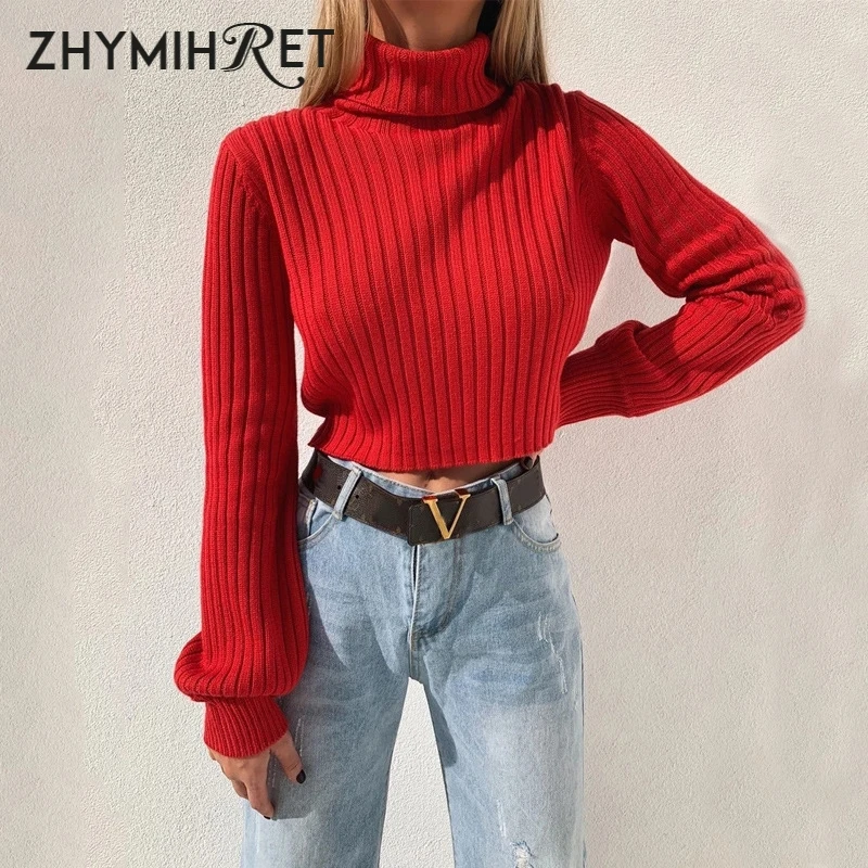 Красный вязаный свитер ZHYMIHRET с высоким воротником повседневный Женский пуловер
