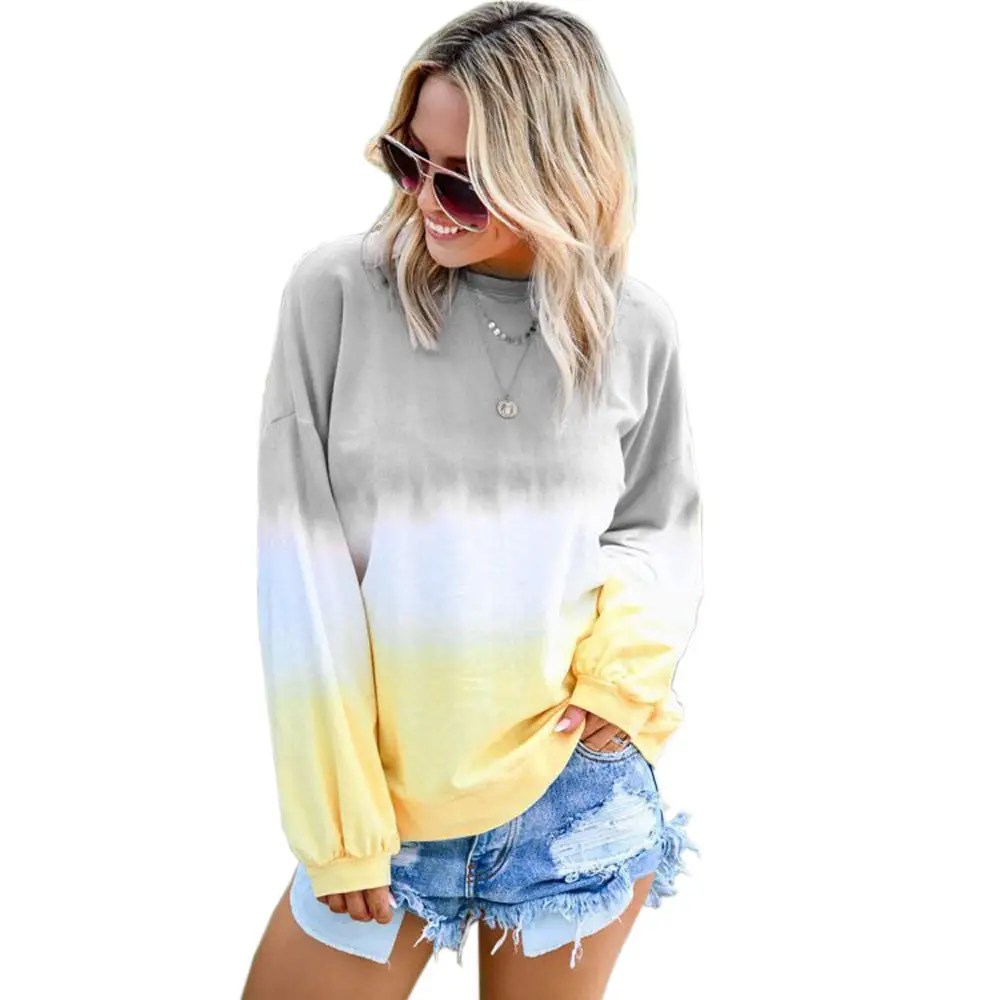 Womens Casual Gradient Long Sleeve T-Shirt Colorblock Block Tie Dye Printed Pullover 8