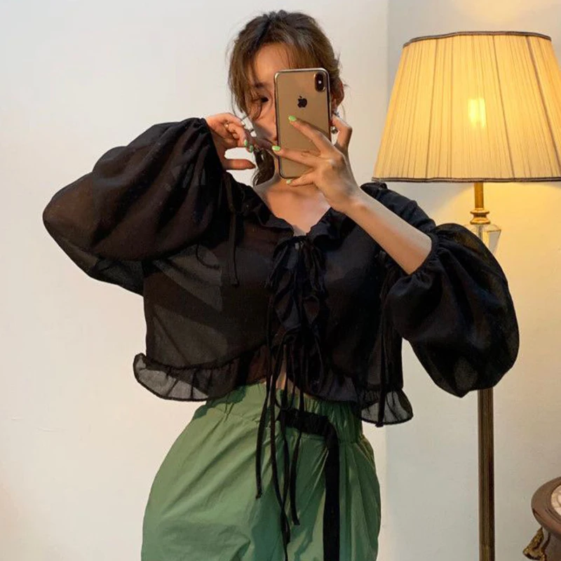 Spring Summer Transparent Shirt Crop Top Princess Curly Ruched Ruffles Puff Sleeve Blouse Women Chemise Femme Blusa Mujer
Spring Summer Transparent Shirt Crop Top Princess Curly Ruched Ruffles Puff Sleeve Blouse Women Chemise Femme Blusa Mujer