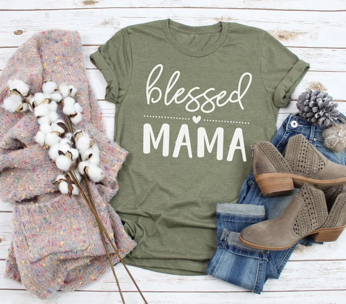 

Blessed mama t shirt women fashion olive funny thanksgiving day gift slogan heart graphic young street style tees gift art tops