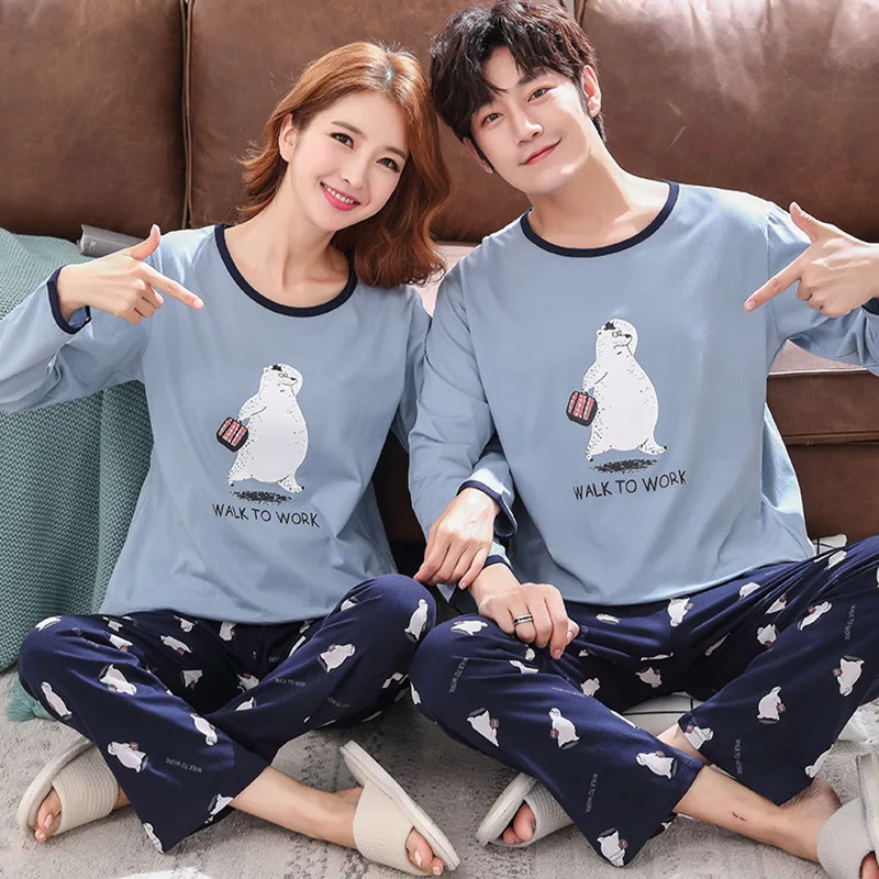 Spring and autumn couple pajamas women's long sleeve cotton lovely big size can wear Korean thin men's suit home clothes 
Spring and autumn couple pajamas women's long sleeve cotton lovely big size can wear Korean thin men's suit home clothes