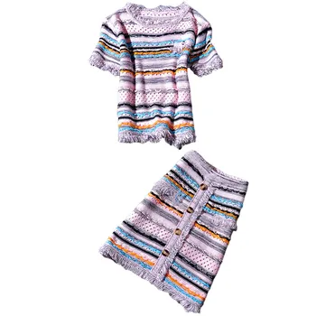 Small fragrance short-sleeved striped knitted shirt women +high waist a-line skirt two piece sets
Small fragrance short-sleeved striped knitted shirt women +high waist a-line skirt two piece sets