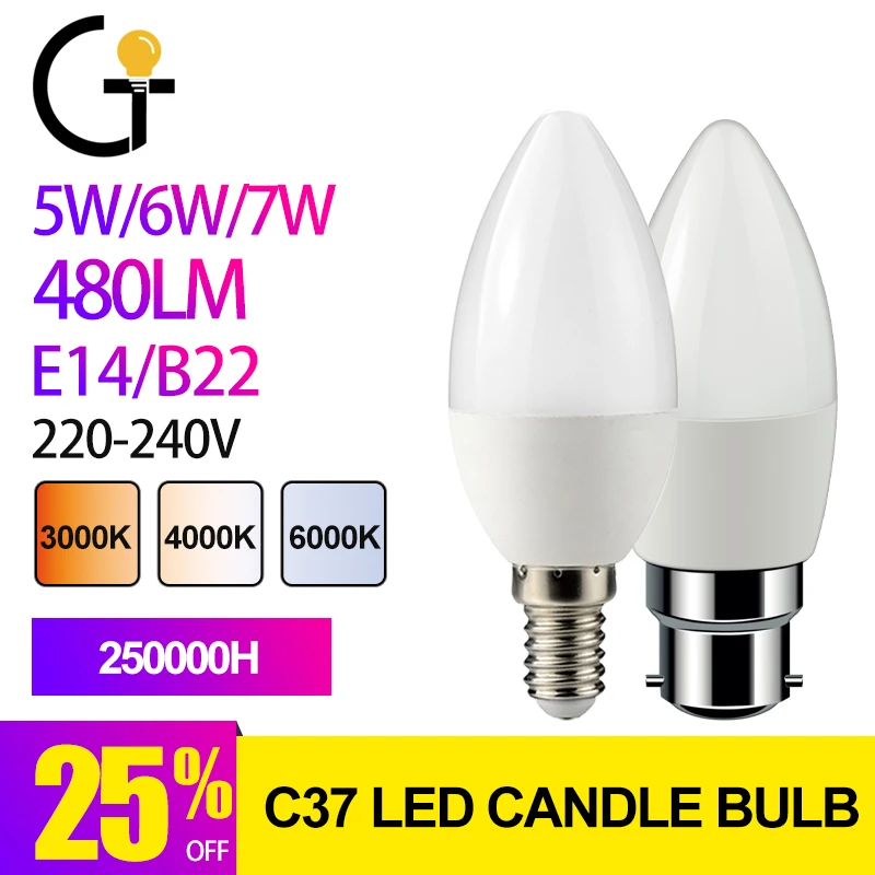 

1 Piece C37 e14 b22 5w 6w 7w 3000k 4000k 6000k 220v-240v Led Candle Bulb For Home Decoration Lamp