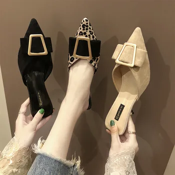 Cover Toe High-heeled Shoes Lady Ladies' Slippers Med Luxury Slides Shallow Mules For Women 2020 Thin Heels Flock Pantofle 
Cover Toe High-heeled Shoes Lady Ladies' Slippers Med Luxury Slides Shallow Mules For Women 2020 Thin Heels Flock Pantofle