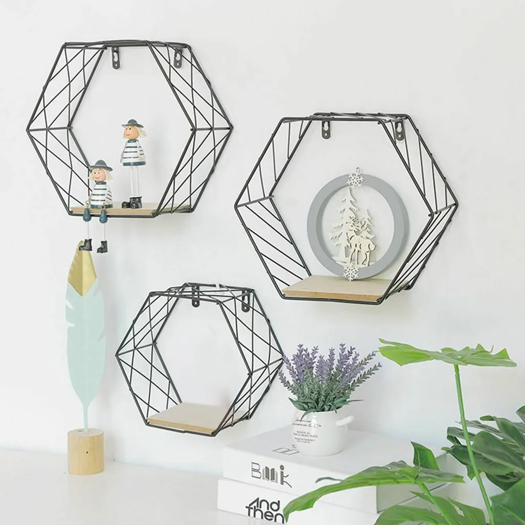 

Nordic Style Iron Hexagonal Grid Wall Shelf Combination Wall Hanging Geometric Figure Wall Decoration For Living Room Bedroom