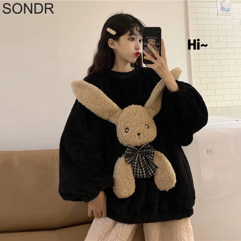 Kawaii 2 Piece Set Girl Winter Thick Sweet Cute Cartoon Coral Fleece Pullover Top Plush Trousers Suit Home Service Pajamas Women
Kawaii 2 Piece Set Girl Winter Thick Sweet Cute Cartoon Coral Fleece Pullover Top Plush Trousers Suit Home Service Pajamas Women