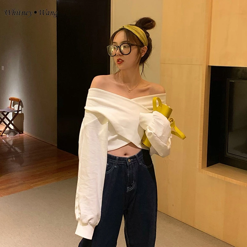 WHITNEY WANG осень 2020 модная уличная одежда сексуальный короткий свитер с вырезом