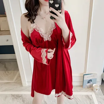Women Red Lace Kimono Bathrobe Gown Velour 2PCS Robe Set Home Clothing Autumn Winter Sleep Suit Sexy Sleepwear Nightgown 
Women Red Lace Kimono Bathrobe Gown Velour 2PCS Robe Set Home Clothing Autumn Winter Sleep Suit Sexy Sleepwear Nightgown