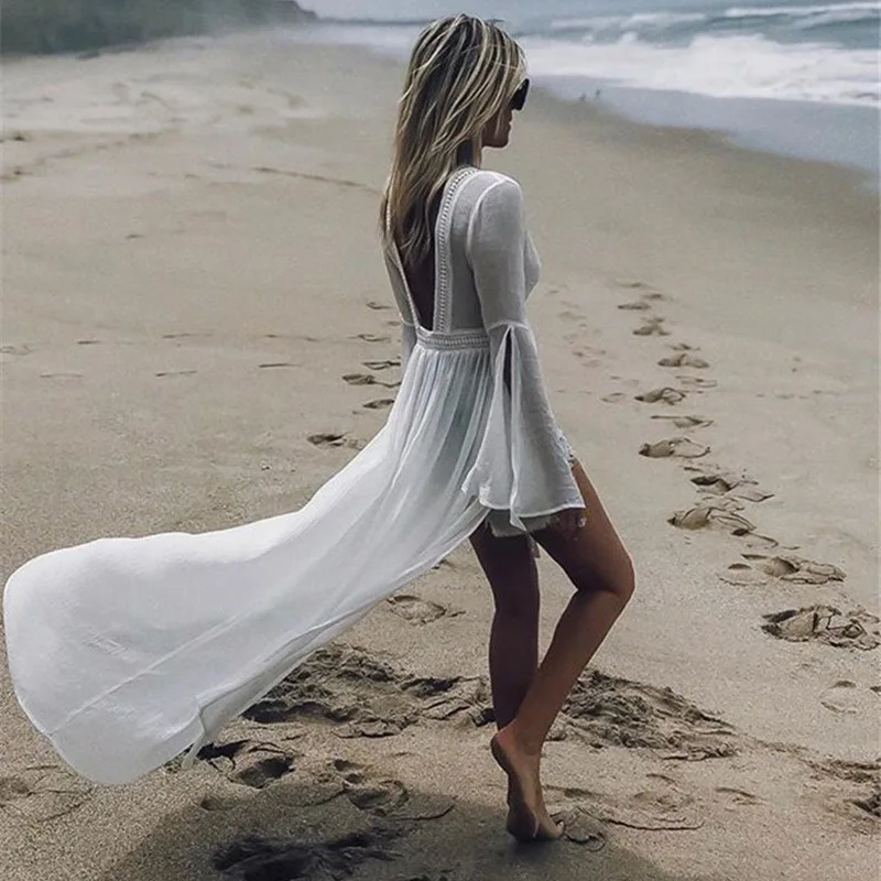 

TEELYNN 2020 White Cover ups for women Tunic cotton lace sexy Backless see through Cover up dress Beach smock Swimwear coverup