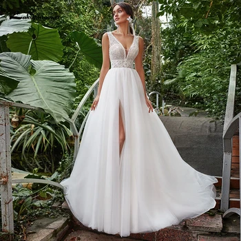 Summer High Split Tulle Wedding Dress Elegant V-Neck Sleeveless Lace Sweep Train A Line Bridal Gowns robe de mariee
Summer High Split Tulle Wedding Dress Elegant V-Neck Sleeveless Lace Sweep Train A Line Bridal Gowns robe de mariee