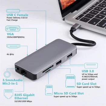 9 in 1 Type C Hub Multi-function Type C to VGA HD 3.5mm Audio RJ45 USB 3.0 SD Micro SD Card Adapter
9 in 1 Type C Hub Multi-function Type C to VGA HD 3.5mm Audio RJ45 USB 3.0 SD Micro SD Card Adapter