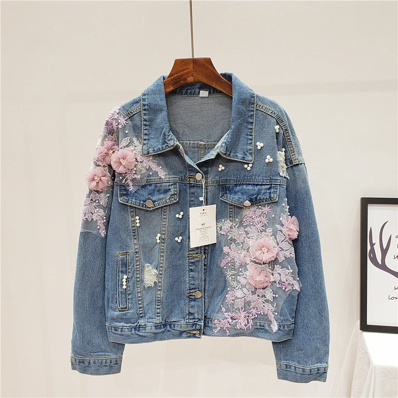 New Spring 2020 Women's Plus size Beaded Pink 3D Flowers Embroidered Hole Denim Jacket Loose Vintage Washed Casual Jeans Jacket
New Spring 2020 Women's Plus size Beaded Pink 3D Flowers Embroidered Hole Denim Jacket Loose Vintage Washed Casual Jeans Jacket