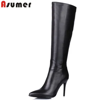 ASUMER 2020 fashion new genuine leather boots pointed toe zip knee high boots thin high heels ladies prom autumn winter boots 
ASUMER 2020 fashion new genuine leather boots pointed toe zip knee high boots thin high heels ladies prom autumn winter boots