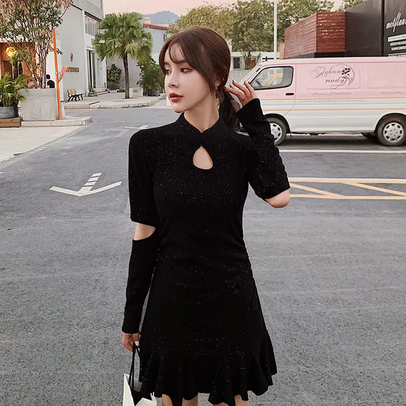 Woman Black Curvy Dress Spring Sexy Mandarin Collar Long Sleeve Hollow Out One Piece Mini Plus Size Dresses Women Thin Look 2020
Woman Black Curvy Dress Spring Sexy Mandarin Collar Long Sleeve Hollow Out One Piece Mini Plus Size Dresses Women Thin Look 2020