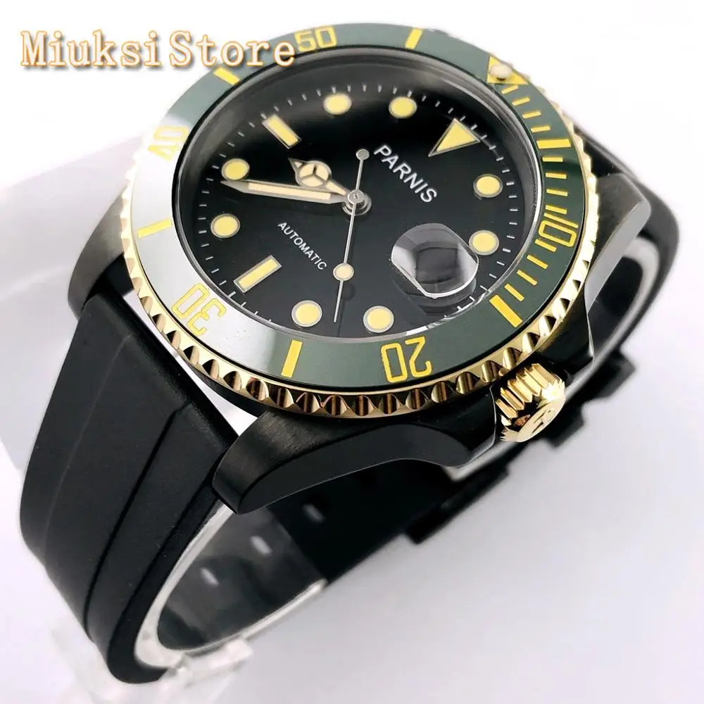 

Parnis 40mm mens top luxury watch black PVD case sapphire glass ceramic bezel date window rubber strap automatic wristwatch