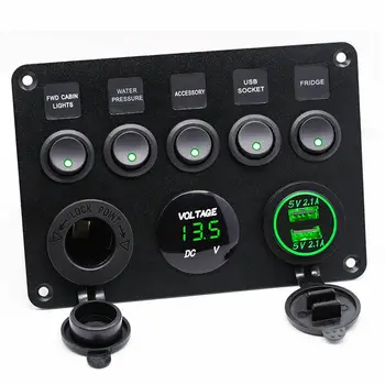 5 Gang Switch Panel 12V/24V Digital Voltmeter Rocker Switch Dual USB Blue LED Light with Cigarette Lighter for RV Car Boat Truck
5 Gang Switch Panel 12V/24V Digital Voltmeter Rocker Switch Dual USB Blue LED Light with Cigarette Lighter for RV Car Boat Truck
