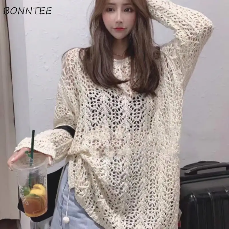 

Свитера женские с круглым вырезом и длинным рукавом, стильные свободные универсальные вязаные пуловеры для отдыха, однотонные ажурные осенние в Корейском стиле