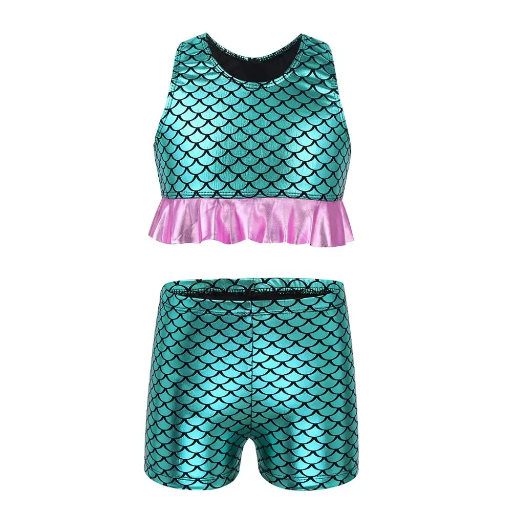 

Kids Girls Fish Scales Printed Racer Back Peplum Tops Crop Top with Boy-cut Shorts for Gymnastics Cheer Dance Performance