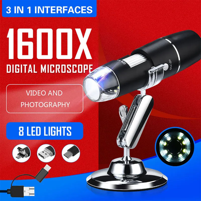 Adjustable 1600X 8 LED Digital Microscope Type-C/Micro USB Magnifier Electronic Stereo USB Hand Held Endoscope For Phone PC
Adjustable 1600X 8 LED Digital Microscope Type-C/Micro USB Magnifier Electronic Stereo USB Hand Held Endoscope For Phone PC