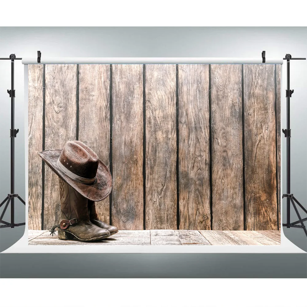 Retro Wild Western Cowboy Photography Backdrop Boot and Hat Rustic Brown Wood Wall Floor Photo Background For Booth | Электроника