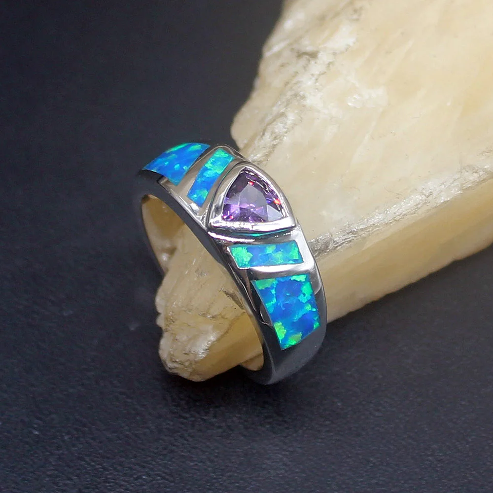 

Hermosa Beautiful Blue Opal Purple Amethyst Genuine 925 Silver Band Ring Wedding Engagement Gifts for Women Size 7# 20214268
