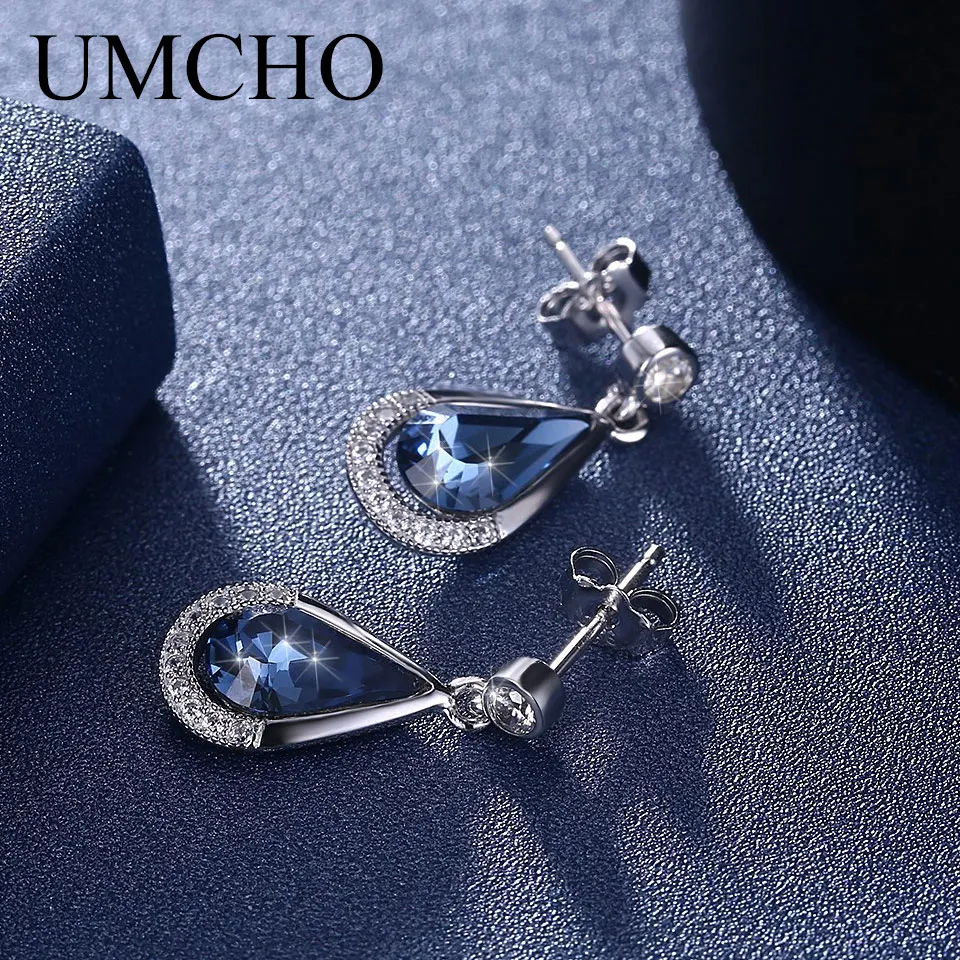 

UMCHO Blue Real 925 Sterling Silver Earrings Gemstone Created Nano Crystal Stud Earrings For Women Birthday Gift Fine Jewelry