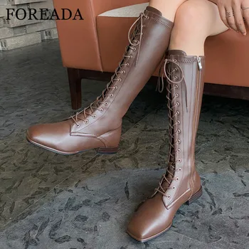 FOREADA Real Leather Motorcycle Boots Women Flat Knee High Boots Zip Long Boots Lace Up Square Toe Lady Shoes Autumn Brown Black
FOREADA Real Leather Motorcycle Boots Women Flat Knee High Boots Zip Long Boots Lace Up Square Toe Lady Shoes Autumn Brown Black
