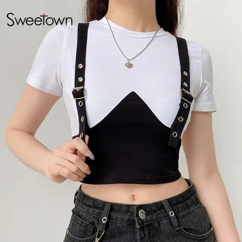 Sweetown White And Black Patchwork Women Basic T-shirt Short Sleeve O-Neck Crop Tops With Corn Belt Femme Hot Summer Streetwear
Sweetown White And Black Patchwork Women Basic T-shirt Short Sleeve O-Neck Crop Tops With Corn Belt Femme Hot Summer Streetwear
