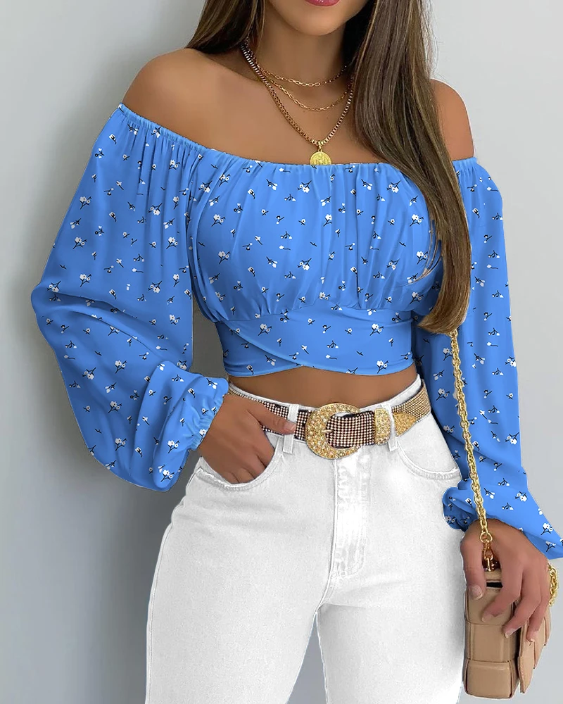 

Autumn Women Daisy Print Crossed Tied Back Crop Top 2023 Femme Casual Off Shoulder Ruched Lantern Sleeve Blouse y2k Lady Outfits