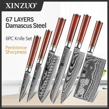 XINZUO 6 PCS Knife Set Japanese VG10 Damascus Forged Steel Bread Santoku Chef Paring Utilities Knives Kitchen Cutlery Gift Box