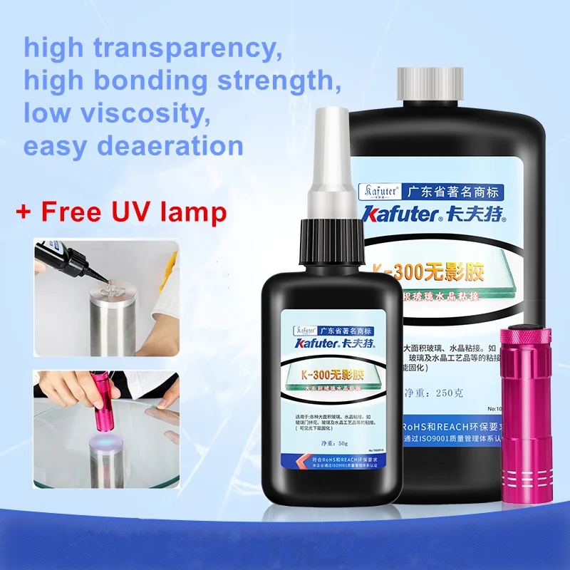 50ml/250ml Kafuter UV Glue UV Curing Adhesive K-300 Transparent Crystal and Glass Adhesive with UV Flashlight
50ml/250ml Kafuter UV Glue UV Curing Adhesive K-300 Transparent Crystal and Glass Adhesive with UV Flashlight