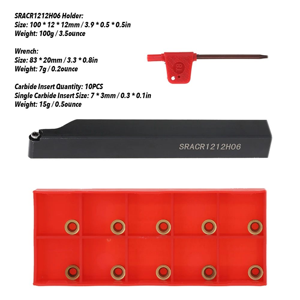 SRACR1212H06 High Accuracy Tool Holder 10pcs Carbide Inserts Wrench Tool Kit Turning Tool For Lathe Roughing and Semi-finishing
SRACR1212H06 High Accuracy Tool Holder 10pcs Carbide Inserts Wrench Tool Kit Turning Tool For Lathe Roughing and Semi-finishing