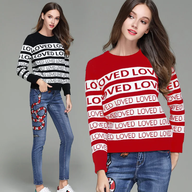 Letter Jacquard Weave Striped Christmas Sweater 2018 Winter O-Neck Women Cashmere Pullover Knitted Sweater Jumper Tops
Letter Jacquard Weave Striped Christmas Sweater 2018 Winter O-Neck Women Cashmere Pullover Knitted Sweater Jumper Tops
