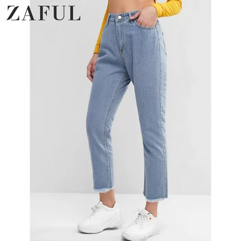 

ZAFUL High Waisted Straight Long Jeans women frayed hem zipper fly straight pants femme denim casual Sky Blue jeans trousers