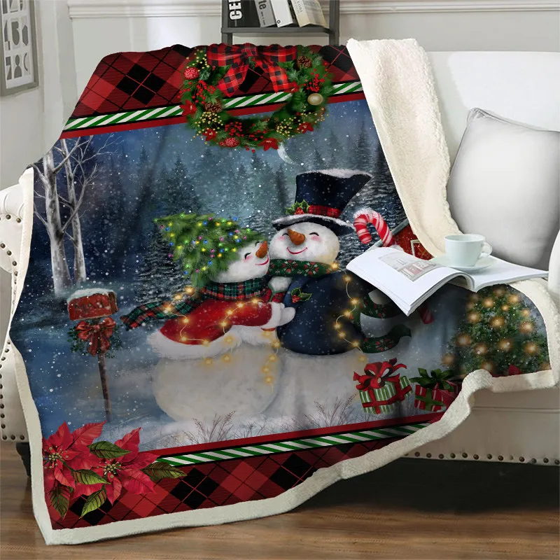

3D-Printed Sherpa Flannel Blankets Bed Throw Soft Warm Cartoon Snowman Bedspread Quilts Cover Sofa Merry Christmas New Year Gift