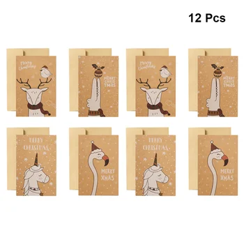 

12Pcs Cartoon Blessing Cards Kraft Paper Greeting Cards Christmas Wish Cards with Envolope (Unicorn Elk Flamingo Crocodile Patte