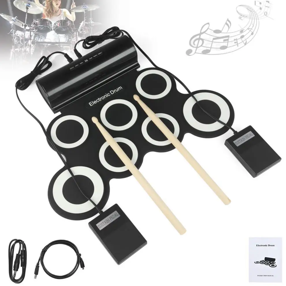 Фото Portable Roll Up Electronic Drum Set 7 Silicon Pads Built-in Speakers with Drumsticks Sustain Pedal Support USB MIDI 2 Colors  Спорт | Electronic Drum (4000262126394)