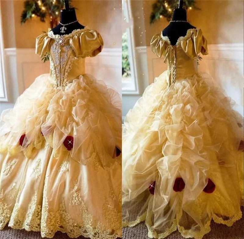

Princess Girls Pageant Dress Handmade Flowers Crystal Appliques Ball Gown Toddler Birthday Dress Fairy Tale Flower Girl Dresses