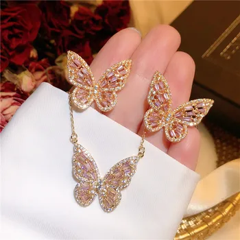 

FINE JEWELRY SETS FOR WOMEN 925 STERLING SILVER VINTAGE PINK HOLLOW BUTTERFLY CUBIC ZIRCONIA STUD EARRINGS NECKLACES PENDANTS