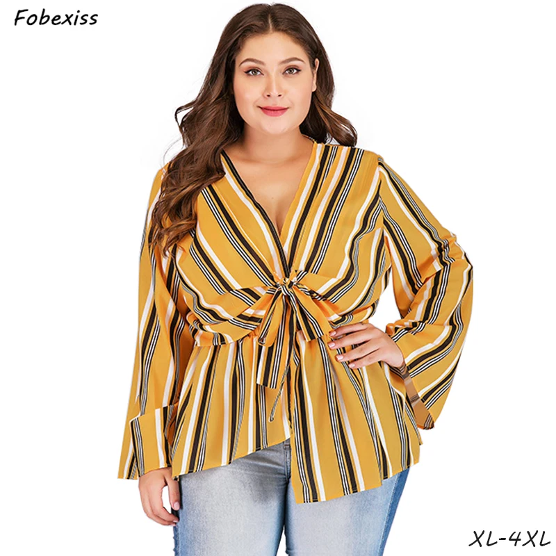 Striped Orange Plus Size Blouses Woman 4XL Irregular Hem Bow V Neck Flare Sleeve Loose Blouse 2019 Autumn Fashion Blouses Woman
Striped Orange Plus Size Blouses Woman 4XL Irregular Hem Bow V Neck Flare Sleeve Loose Blouse 2019 Autumn Fashion Blouses Woman