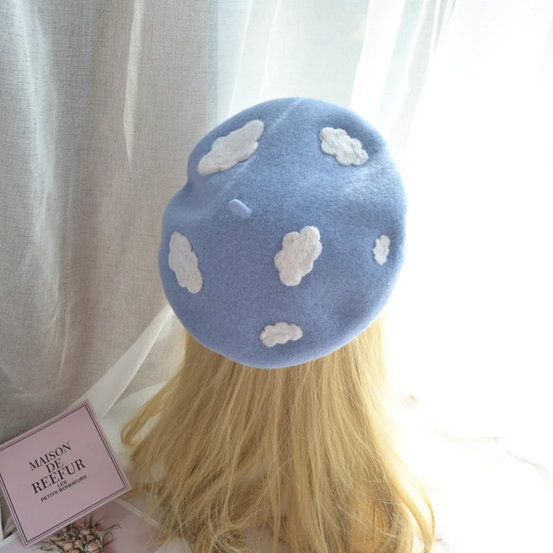 

Kawaii Handmade Cartoon Clouds Sky Blue Beret Hat Women Vintage Lolita Mori Girl Wool Cap Gift Cute Casual French Painter Hats