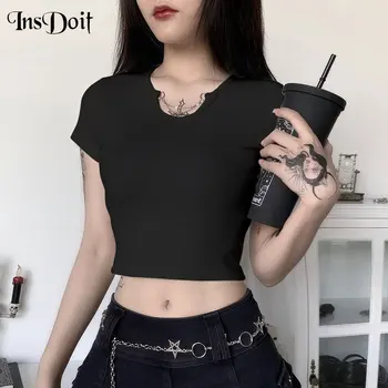 InsDoit Punk Gothic Short Sleeve Black T Shirt Streetwear Metal Chain Hollow Out Tshirt Women Sexy Bodycon Cropped T-shirt
InsDoit Punk Gothic Short Sleeve Black T Shirt Streetwear Metal Chain Hollow Out Tshirt Women Sexy Bodycon Cropped T-shirt