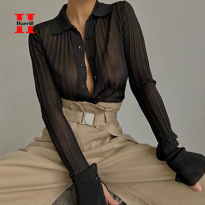 Sexy Perspective Shirts Women Tops Single-breasted Turn-down Collar Long-sleeved Shirt Pit Stripes bottoming T Shirts Thin Top
Sexy Perspective Shirts Women Tops Single-breasted Turn-down Collar Long-sleeved Shirt Pit Stripes bottoming T Shirts Thin Top