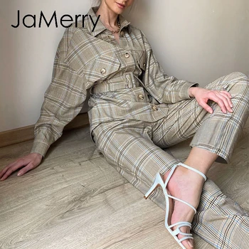 JaMerry Elegant grey plaid autumn winter women suit High street fashion belt female set Office lady long sleeve set 2020 
JaMerry Elegant grey plaid autumn winter women suit High street fashion belt female set Office lady long sleeve set 2020