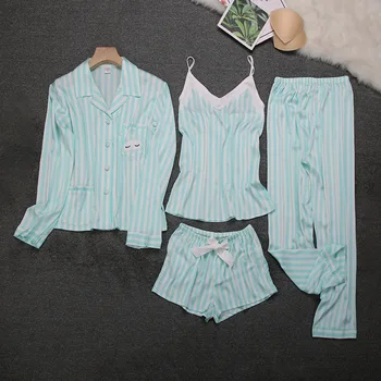 Women Satin Striped 4PCS Pajamas Suit Autumn Casual Turn-down Collar Shirt&Pant Home Wear Sweet Green Strap Top&Shorts Sleepwear 
Women Satin Striped 4PCS Pajamas Suit Autumn Casual Turn-down Collar Shirt&Pant Home Wear Sweet Green Strap Top&Shorts Sleepwear